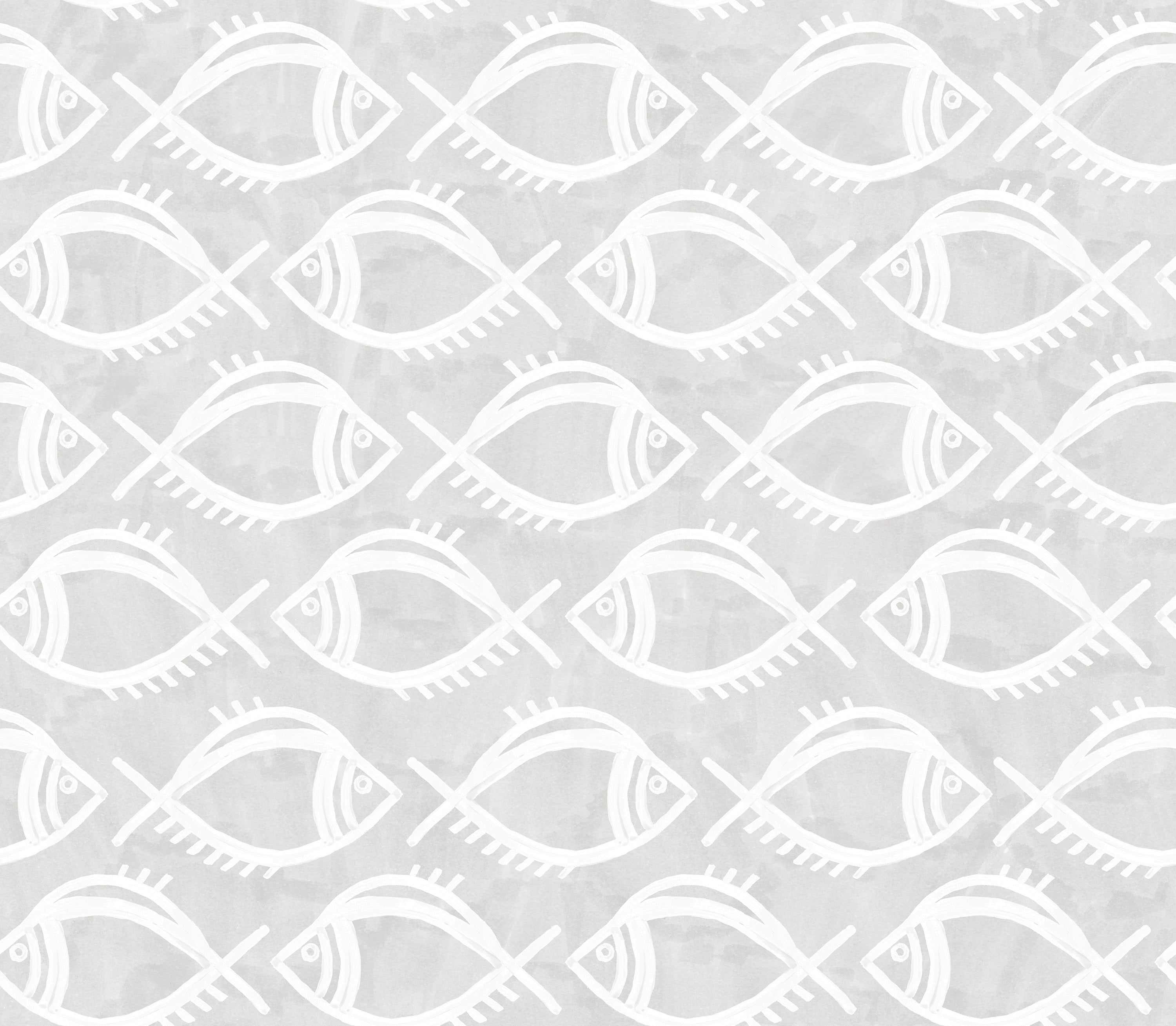 Detail of wallpaper in a playful fish print in white on a light gray field.