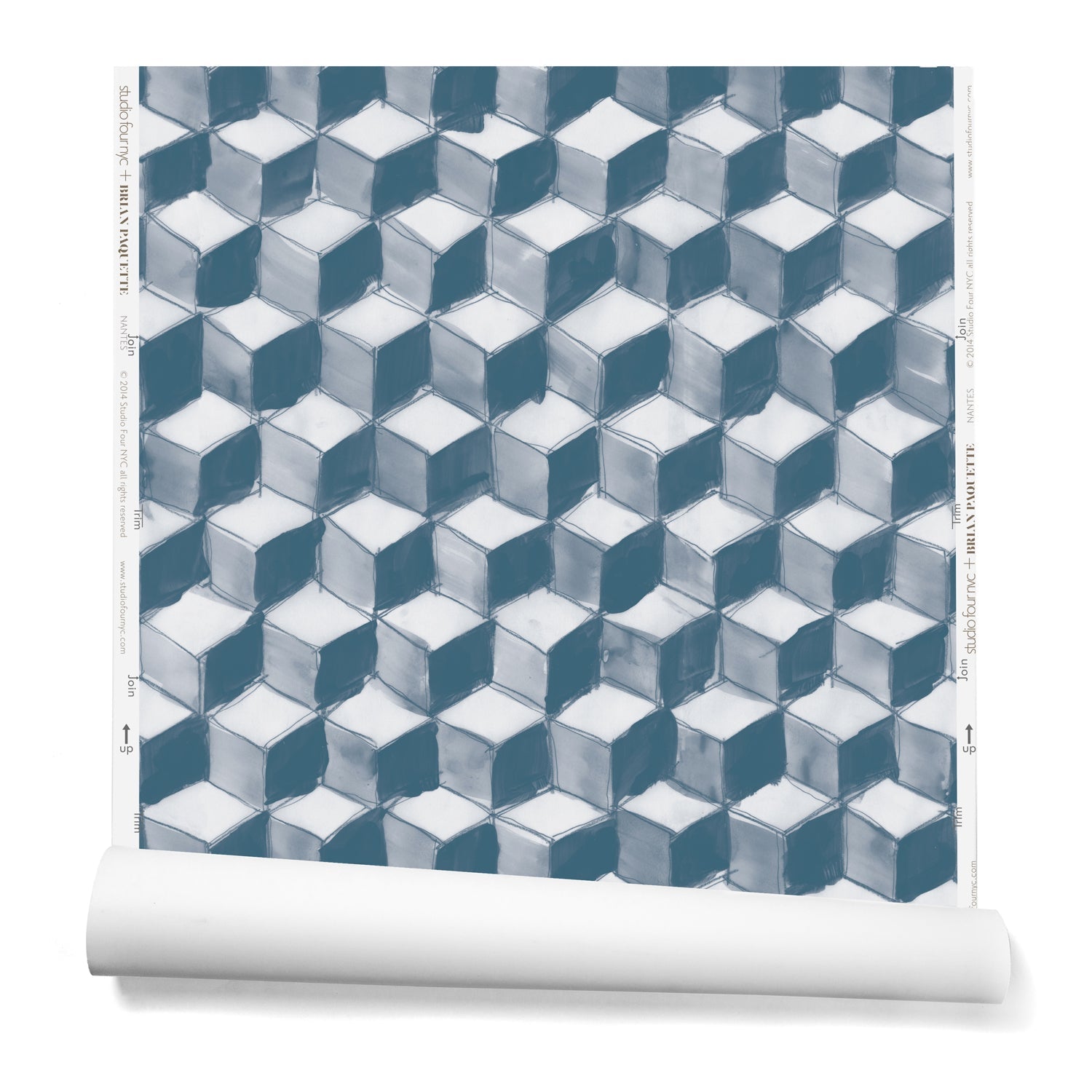Partially unrolled wallpaper in a hand-painted tumbling block pattern in shades of blue on a white background.