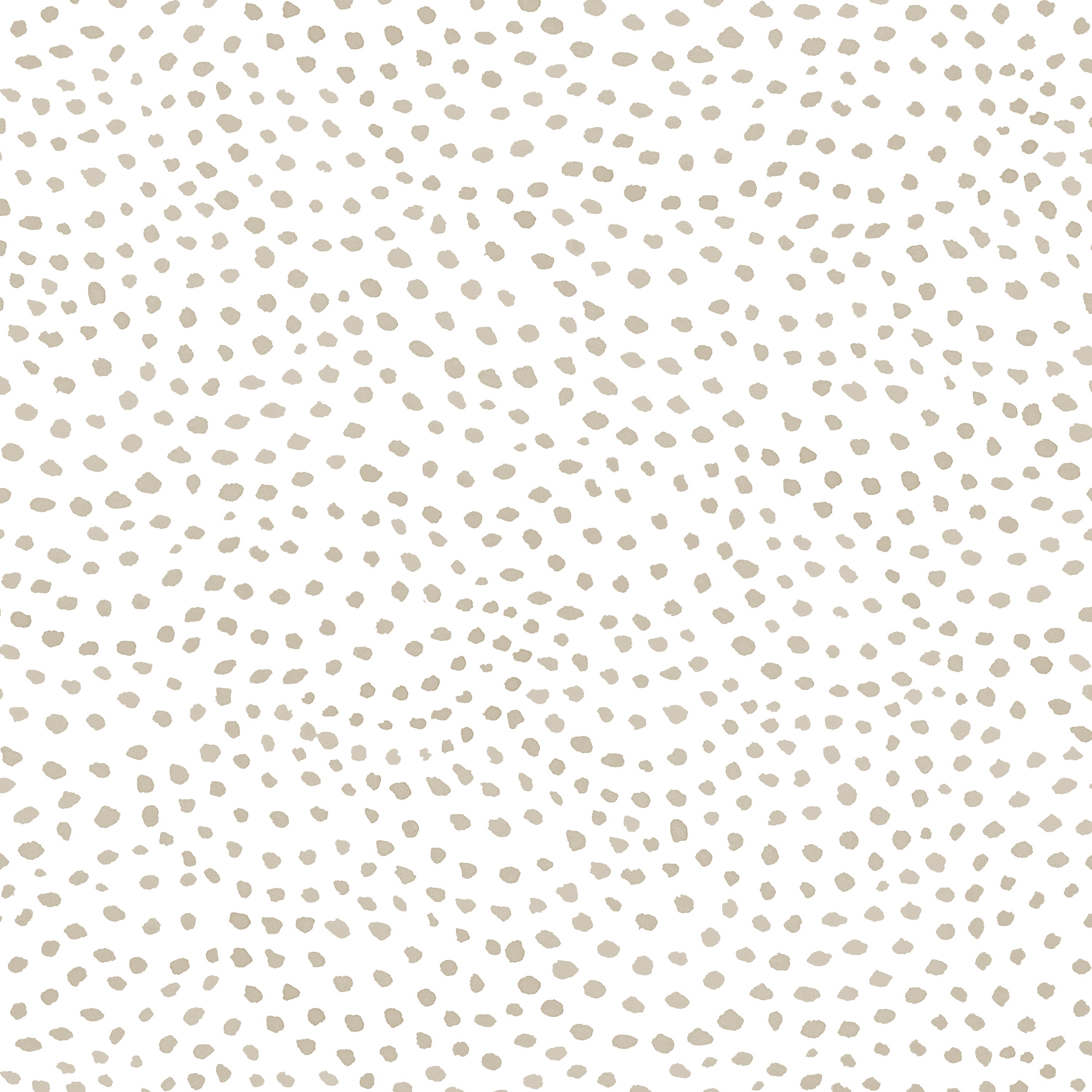 Detail of wallpaper in a scalloped dot print in tan on a white field.