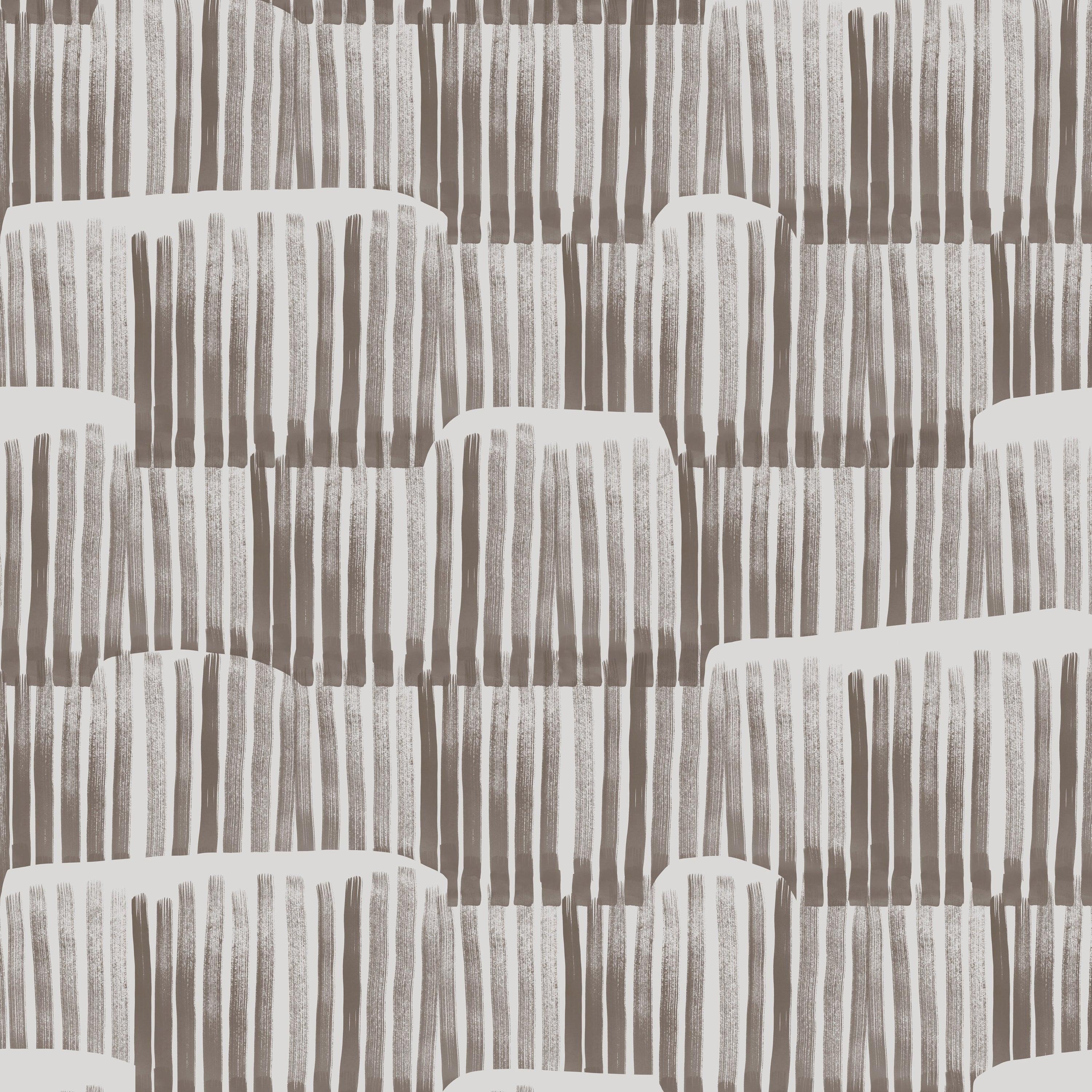 Detail of wallpaper in an irregular textural stripe in brown on a white field.
