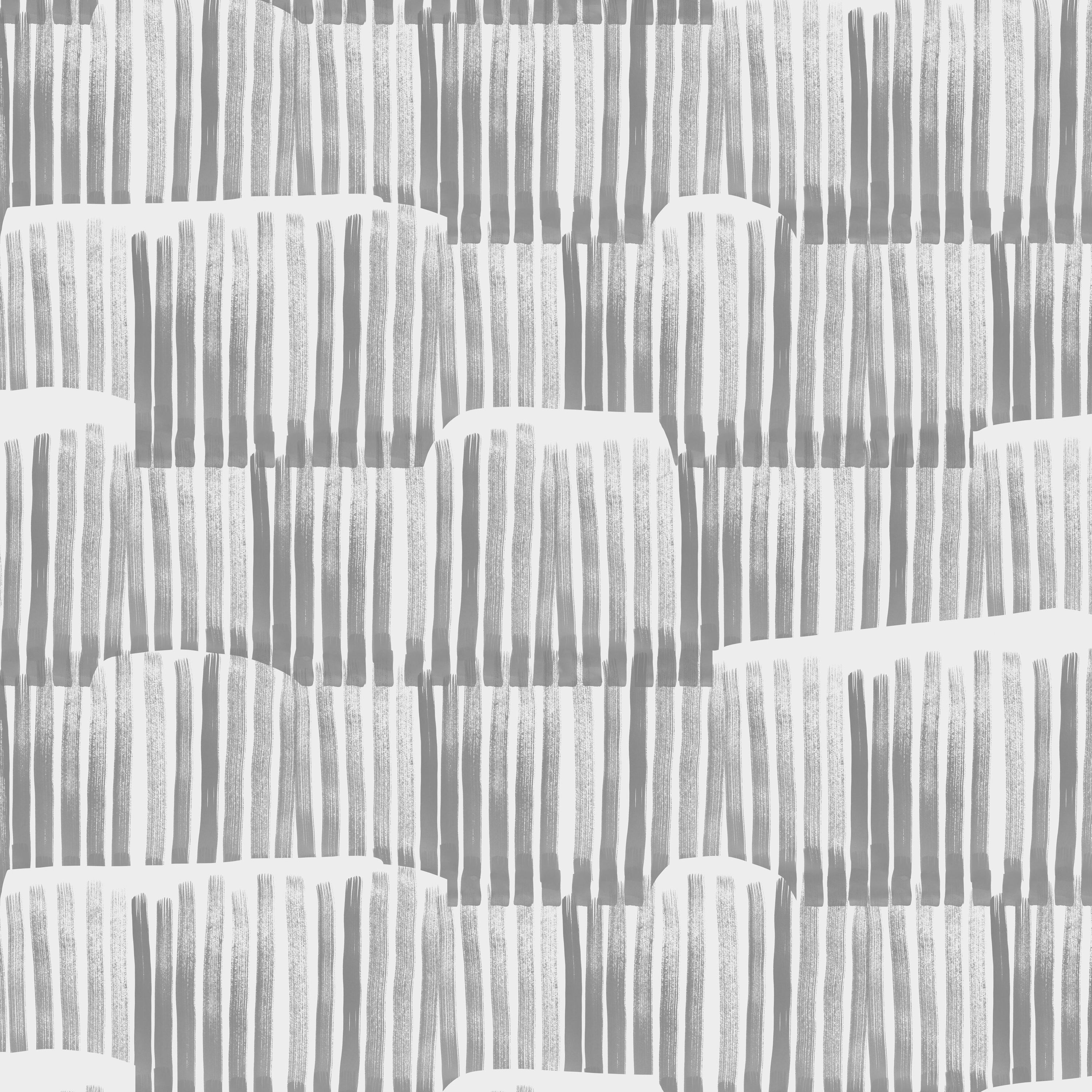 Detail of wallpaper in an irregular textural stripe in gray on a white field.