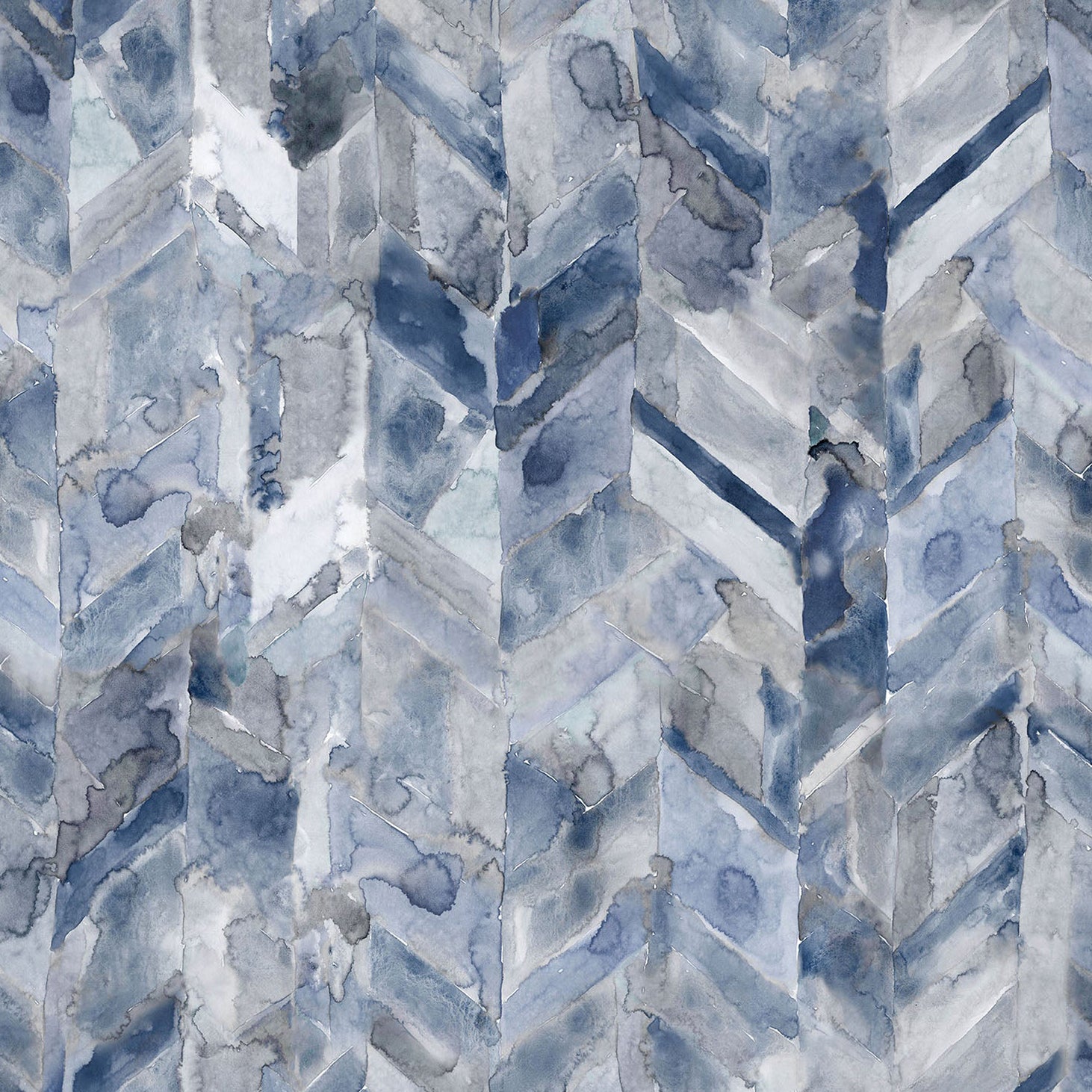 Detail of wallpaper in a painterly herringbone print in shades of blue and gray.