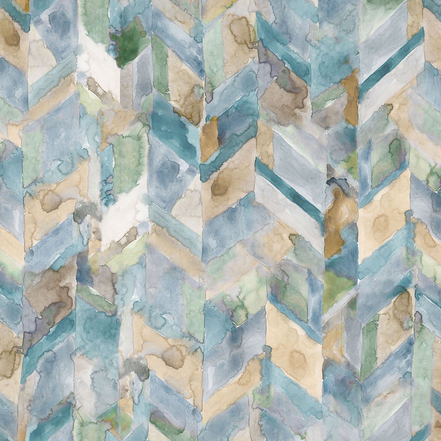Detail of wallpaper in a painterly herringbone print in shades of blue, green and brown.