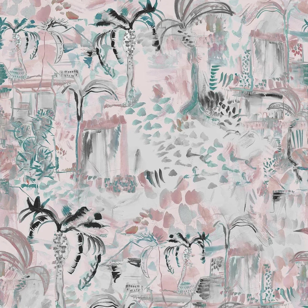 Detail of wallpaper in a painterly botanical print in shades of gray, pink and turquoise.