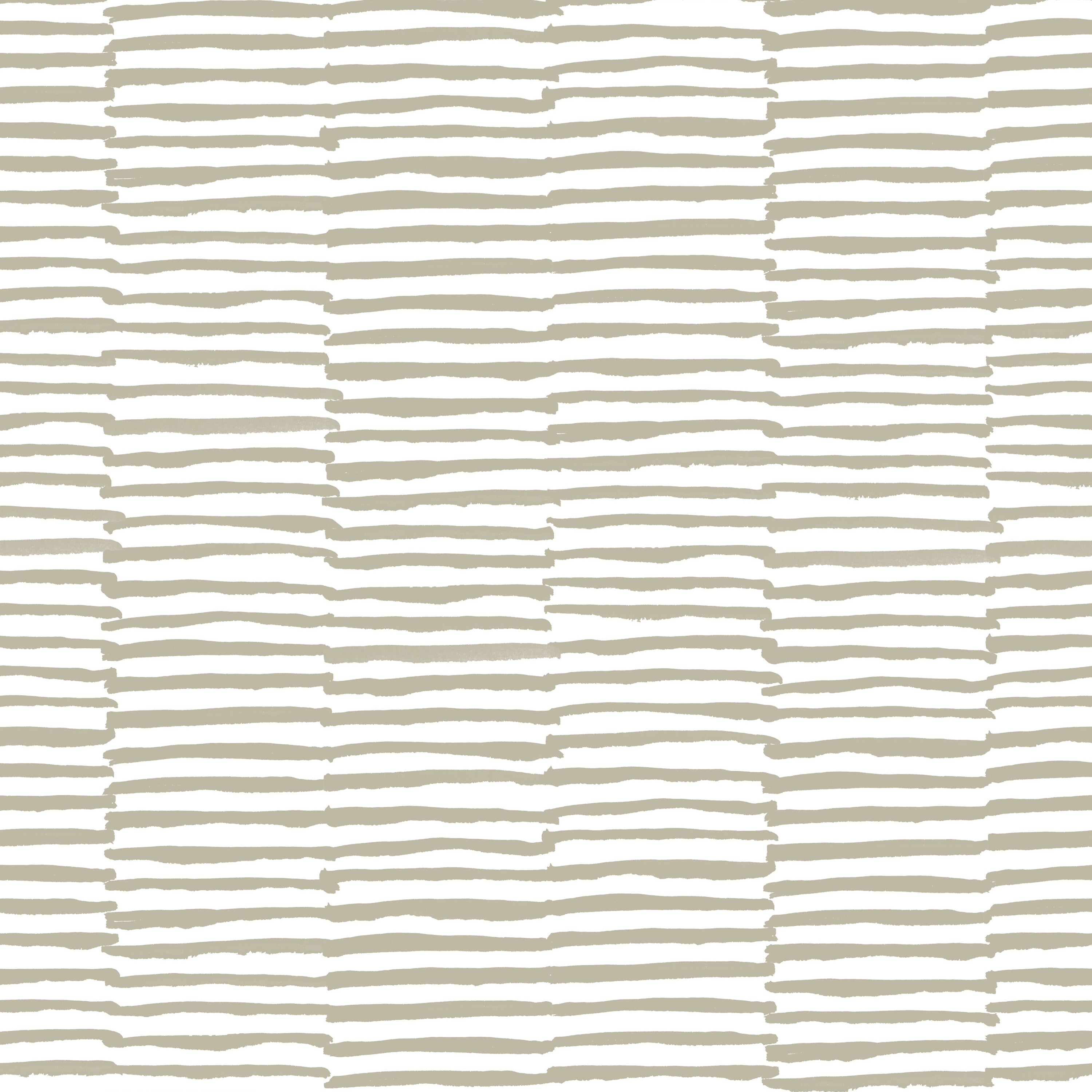 Detail of wallpaper in a broken stripe print in tan on a white field.