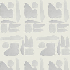 Swatch of patterned wallpaper with a cream background and light gray shapes that appear painted on as if with watercolors.