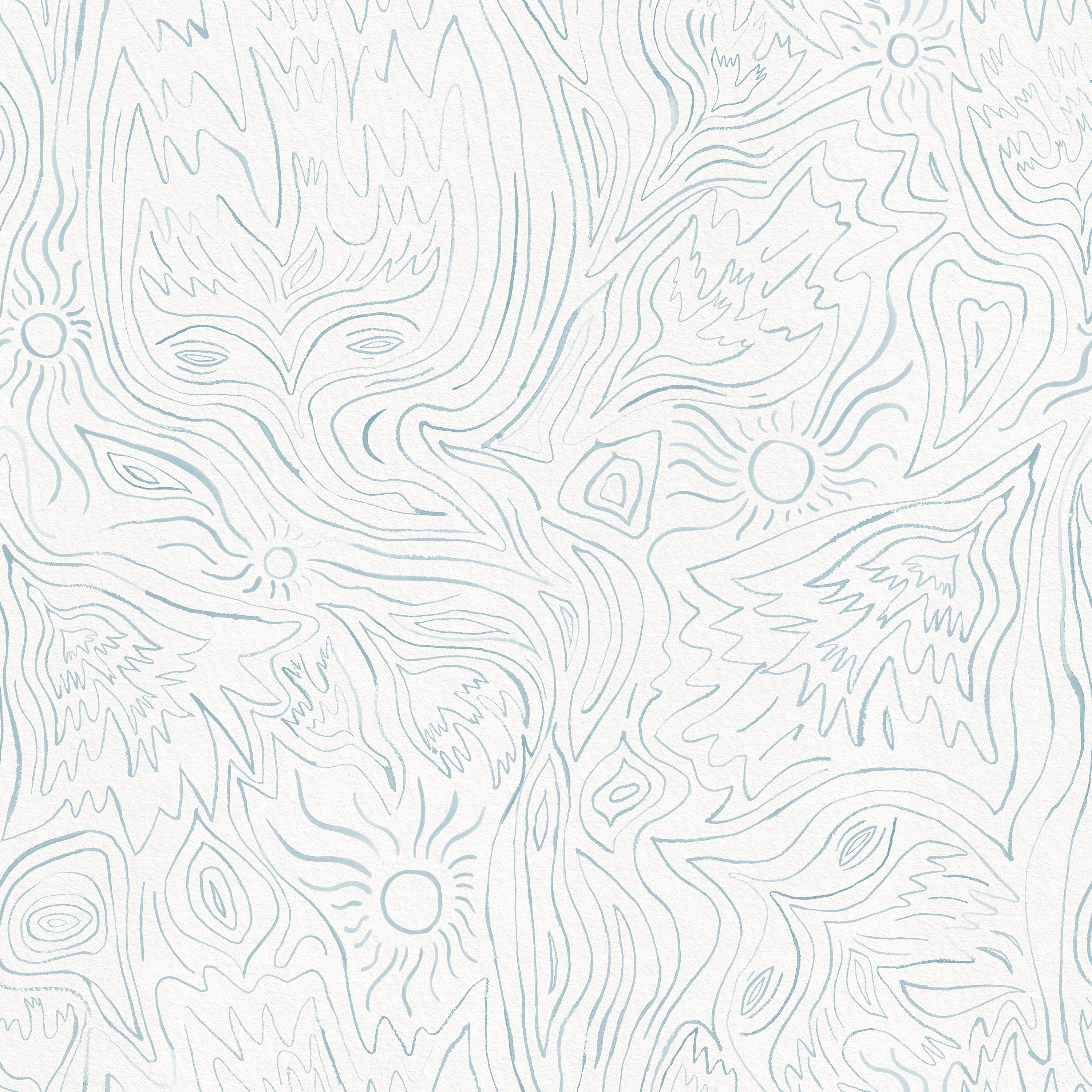 Detail of wallpaper in a playful abstract sun print in light blue on a white field.