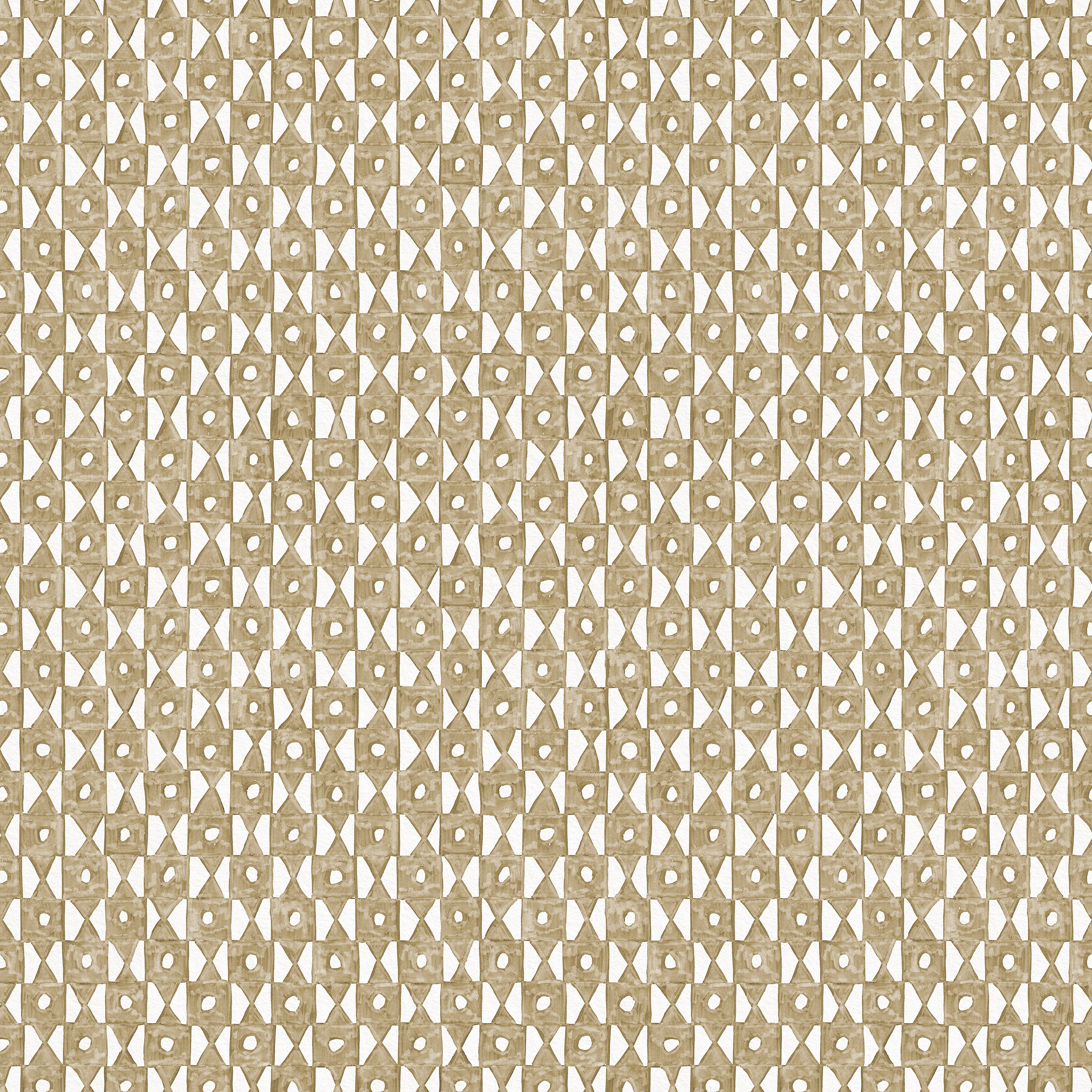 Detail of wallpaper in a geometric grid print in brown on a white field.