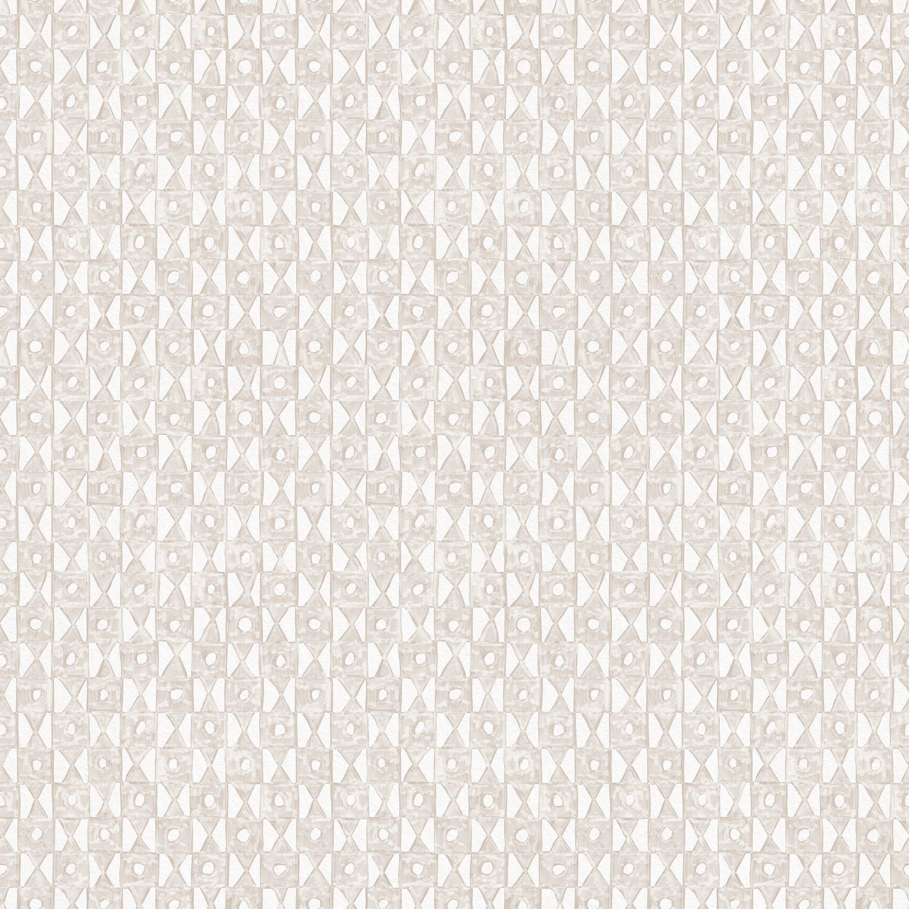 Detail of wallpaper in a geometric grid print in cream on a white field.
