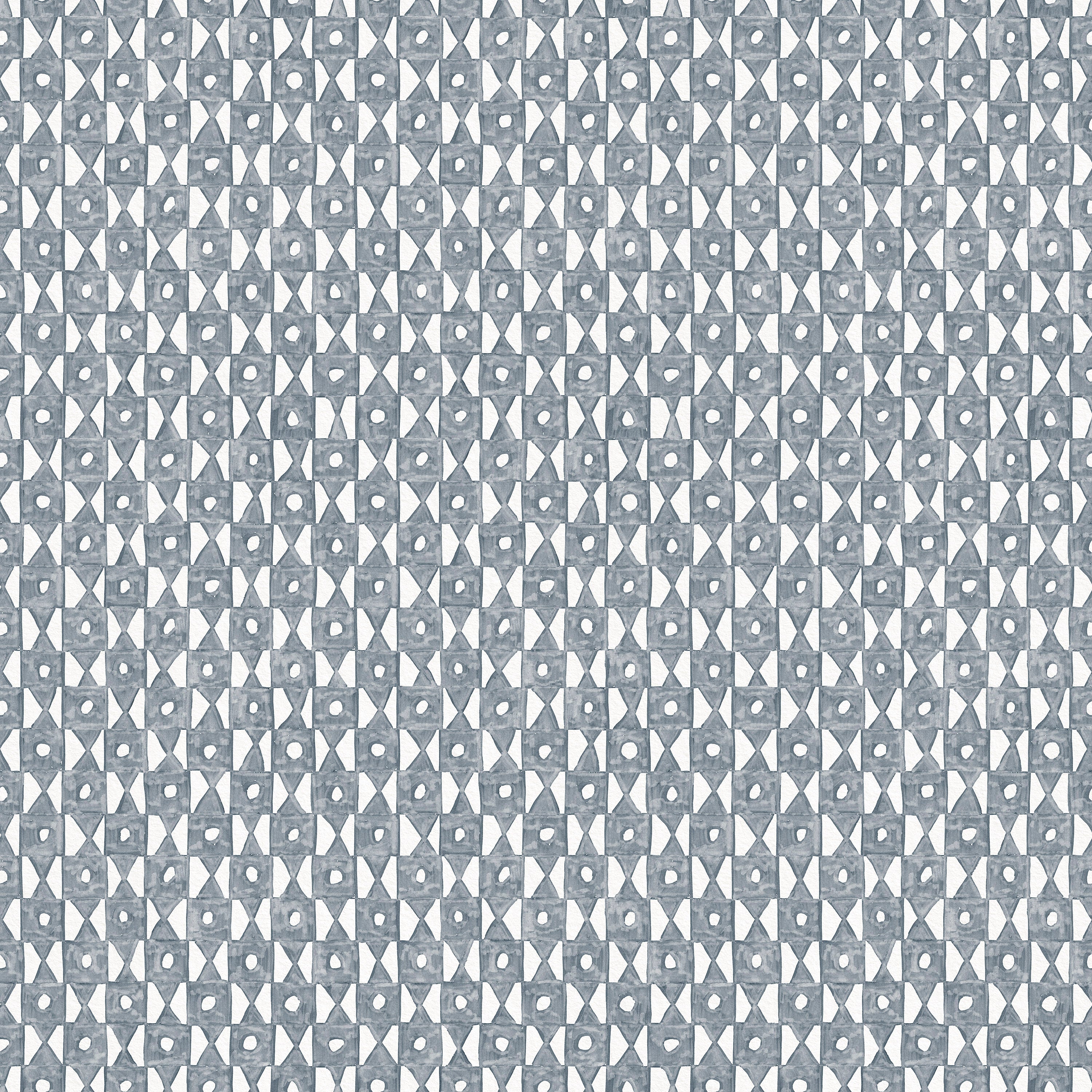 Detail of wallpaper in a geometric grid print in navy on a white field.