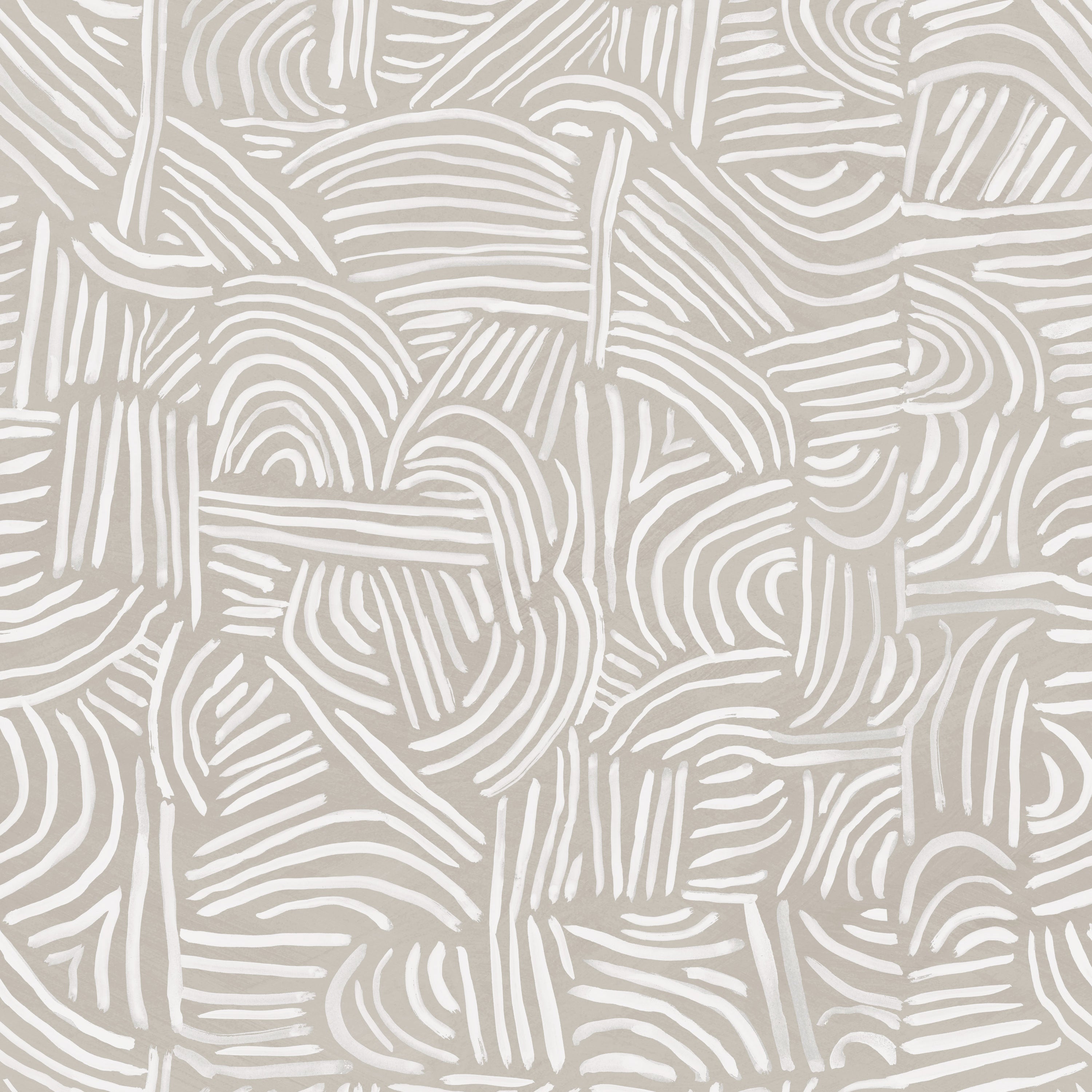 Detail of fabric in an abstract linear print in white on a cream field.