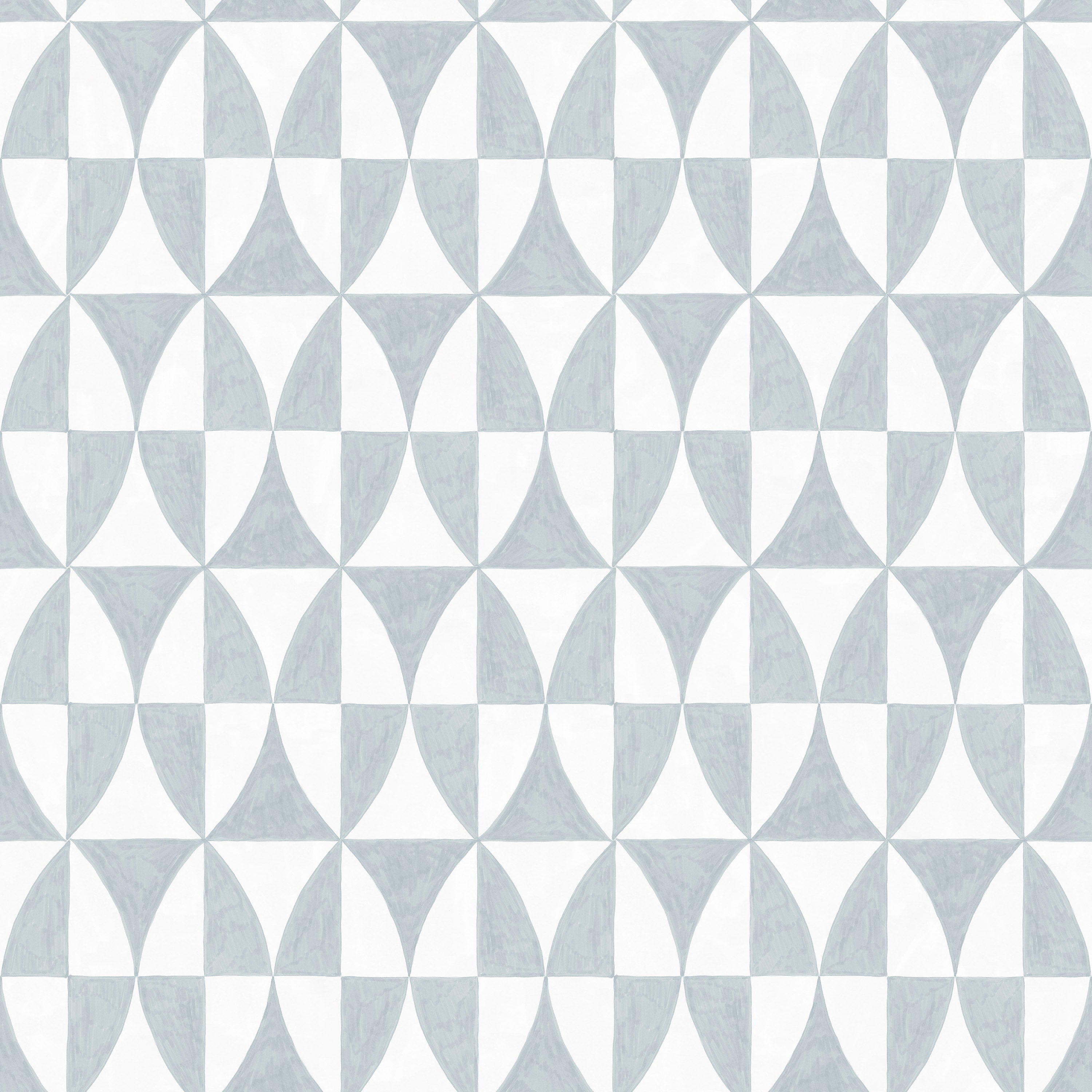 Detail of fabric in a curvilinear grid print in light blue on a white field.