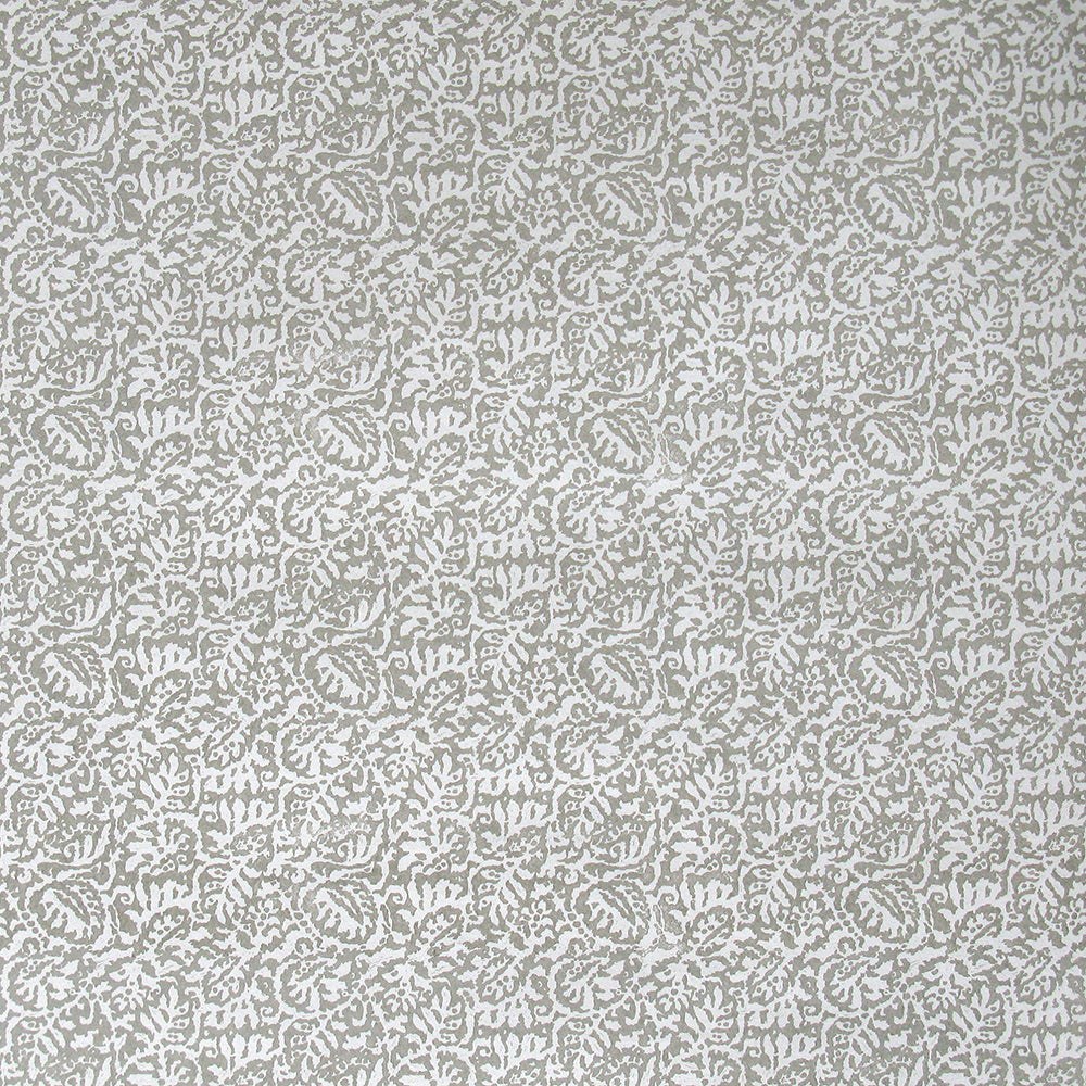 Detail of wallpaper in a dense paisley print in white on a gray field.