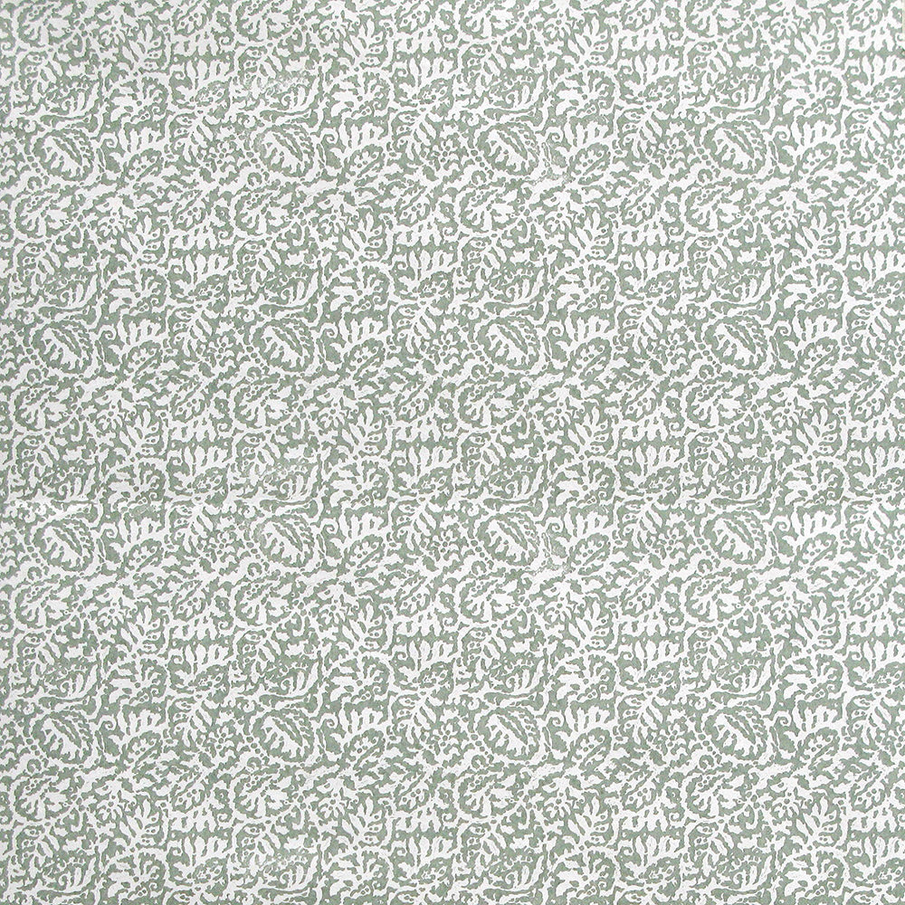 Detail of wallpaper in a dense paisley print in white on a gray-green field.
