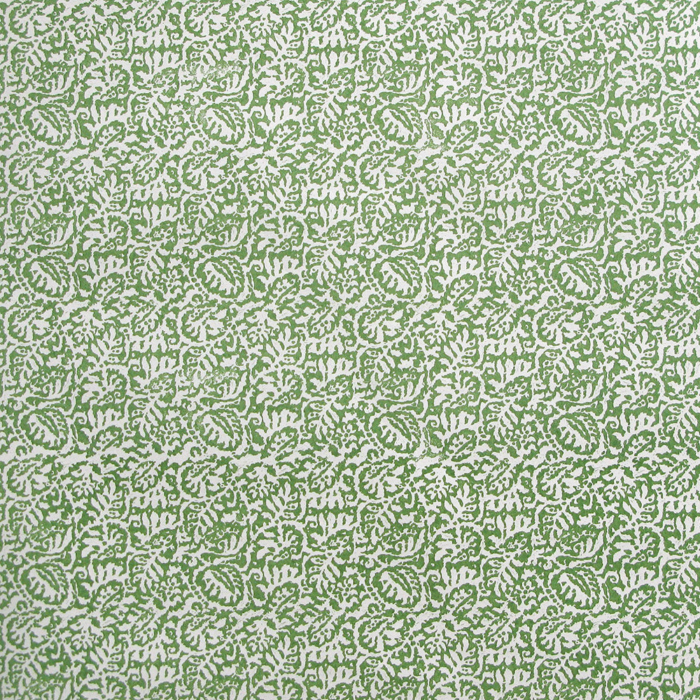 Detail of wallpaper in a dense paisley print in white on a green field.