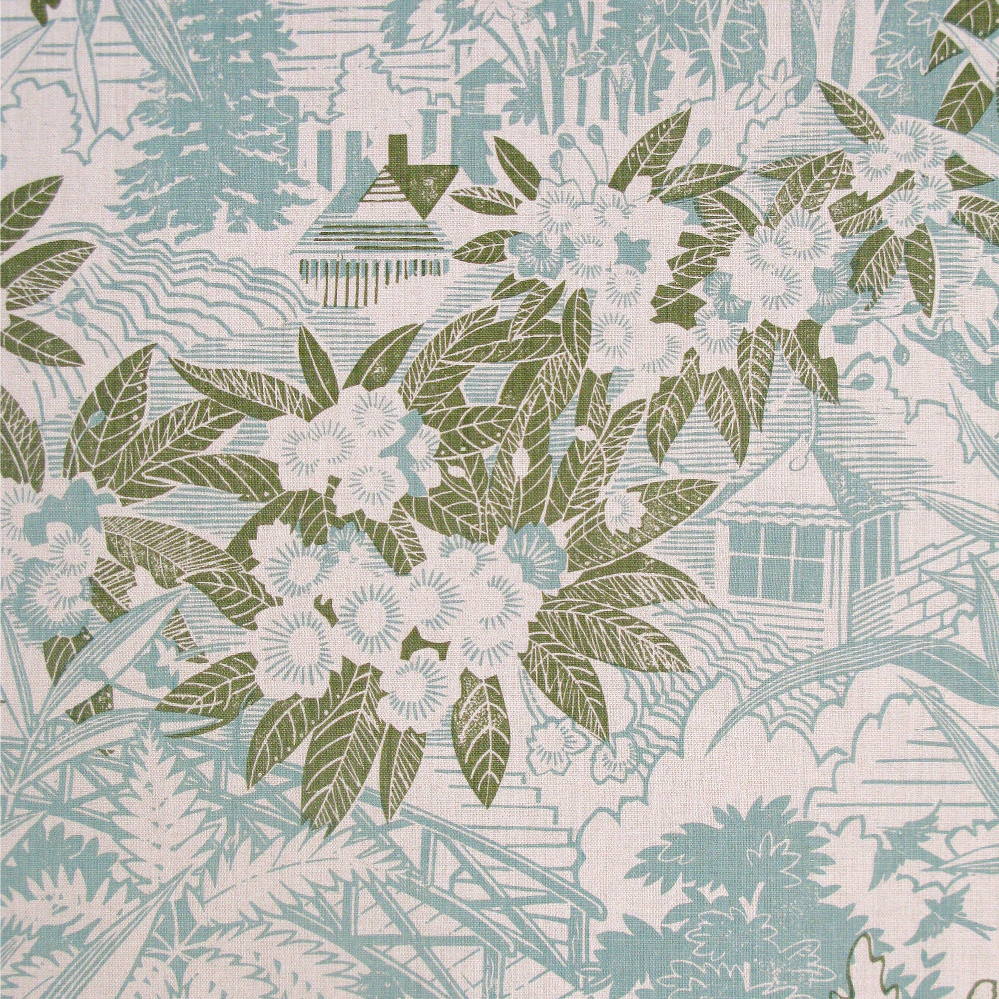 Detail of fabric in an intricate botanical, bridge and house print in sage and turquoise on a cream field.