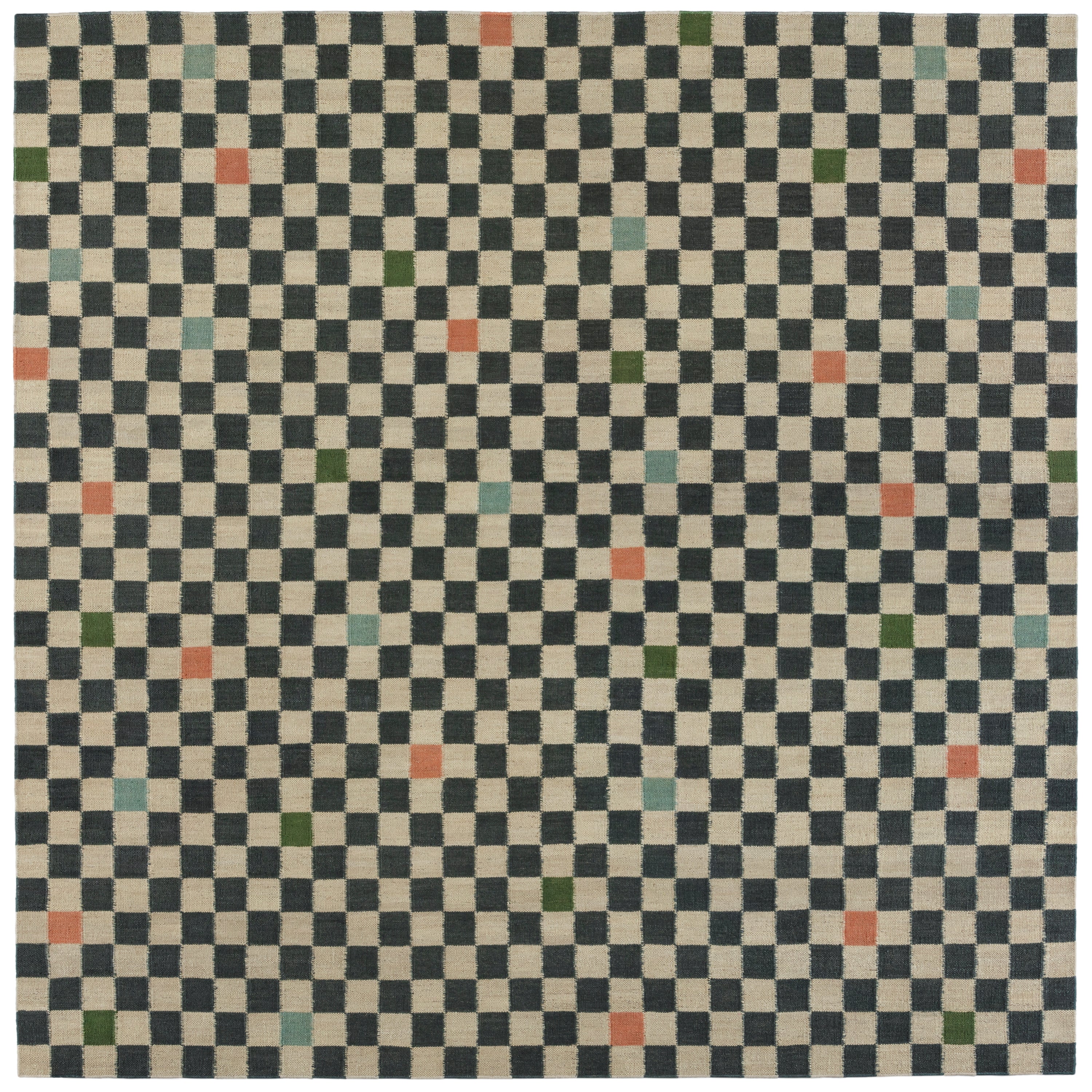 Checkerboard Rug in King, a black and tan checkered pattern with random accents of green, sky blue and coral orange.