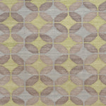 Petite Alhambra Rug featuring a pattern of linked circles that create a star like lattice in yellow and pale blue on a taupe field. 