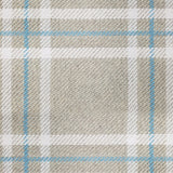 Wool broadloom carpet swatch in a plaid print in shades of cream, tan and blue.