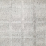 Wool broadloom carpet swatch in a plaid print in shades of light gray and cream.