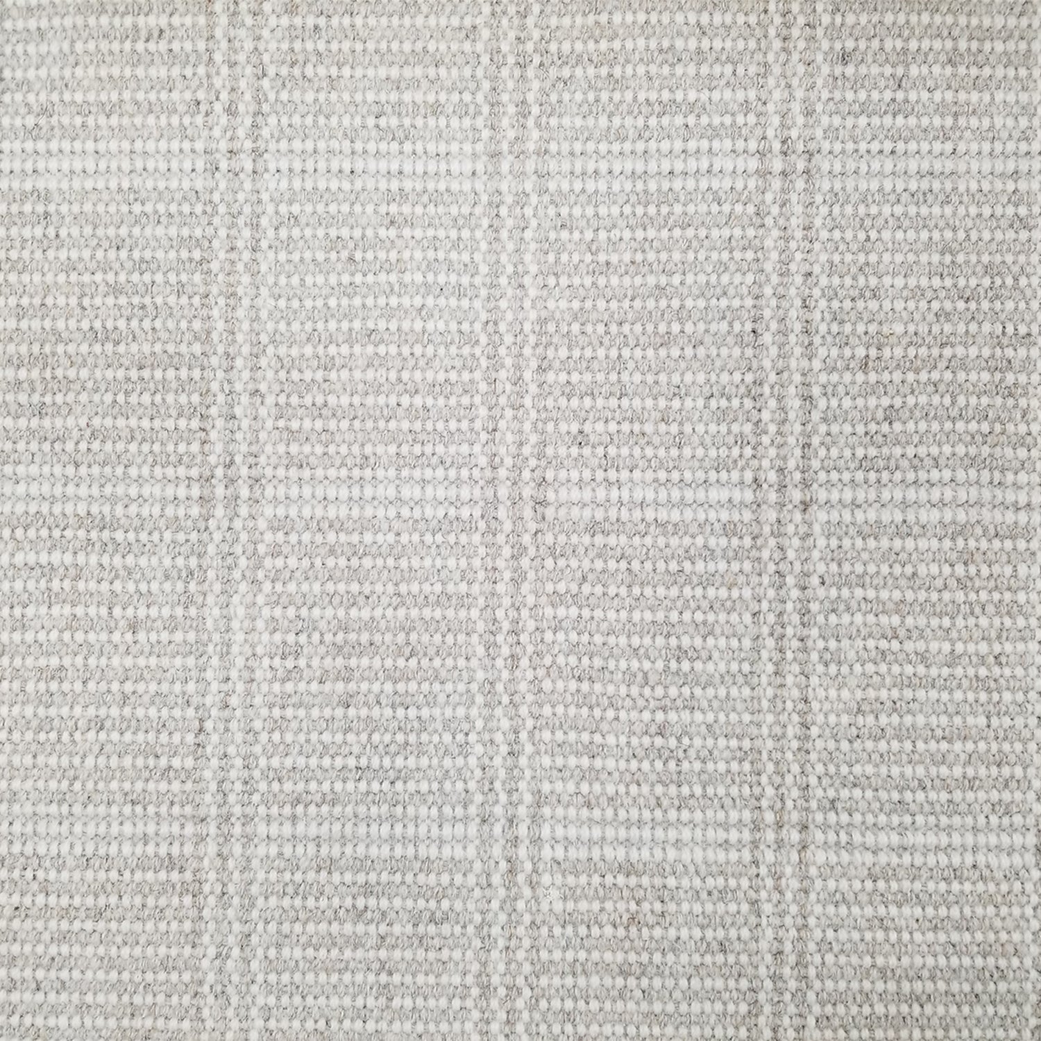 Wool broadloom carpet swatch in a plaid print in shades of light gray and cream.