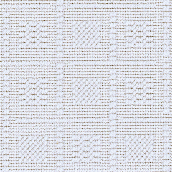 Wool broadloom carpet swatch in a woven basketweave pattern in white.