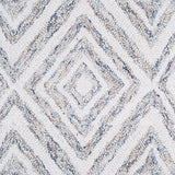Wool broadloom carpet swatch in a painterly diamond pattern in white and gray speckled with blue.