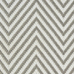 Outdoor broadloom carpet swatch in a herringbone weave in gray and cream.