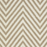 Outdoor broadloom carpet swatch in a herringbone weave in tan and cream.