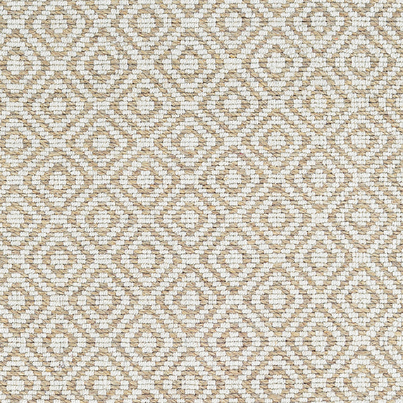 Wool broadloom carpet swatch in a woven diamond grid print in ivory and beige.