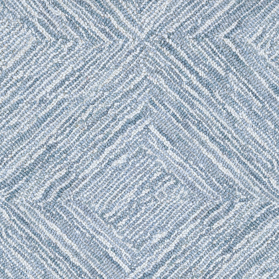 Wool broadloom carpet swatch in a dense diamond check in shades of blue and cream.