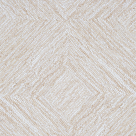 Wool broadloom carpet swatch in a dense diamond check in shades of cream and white.