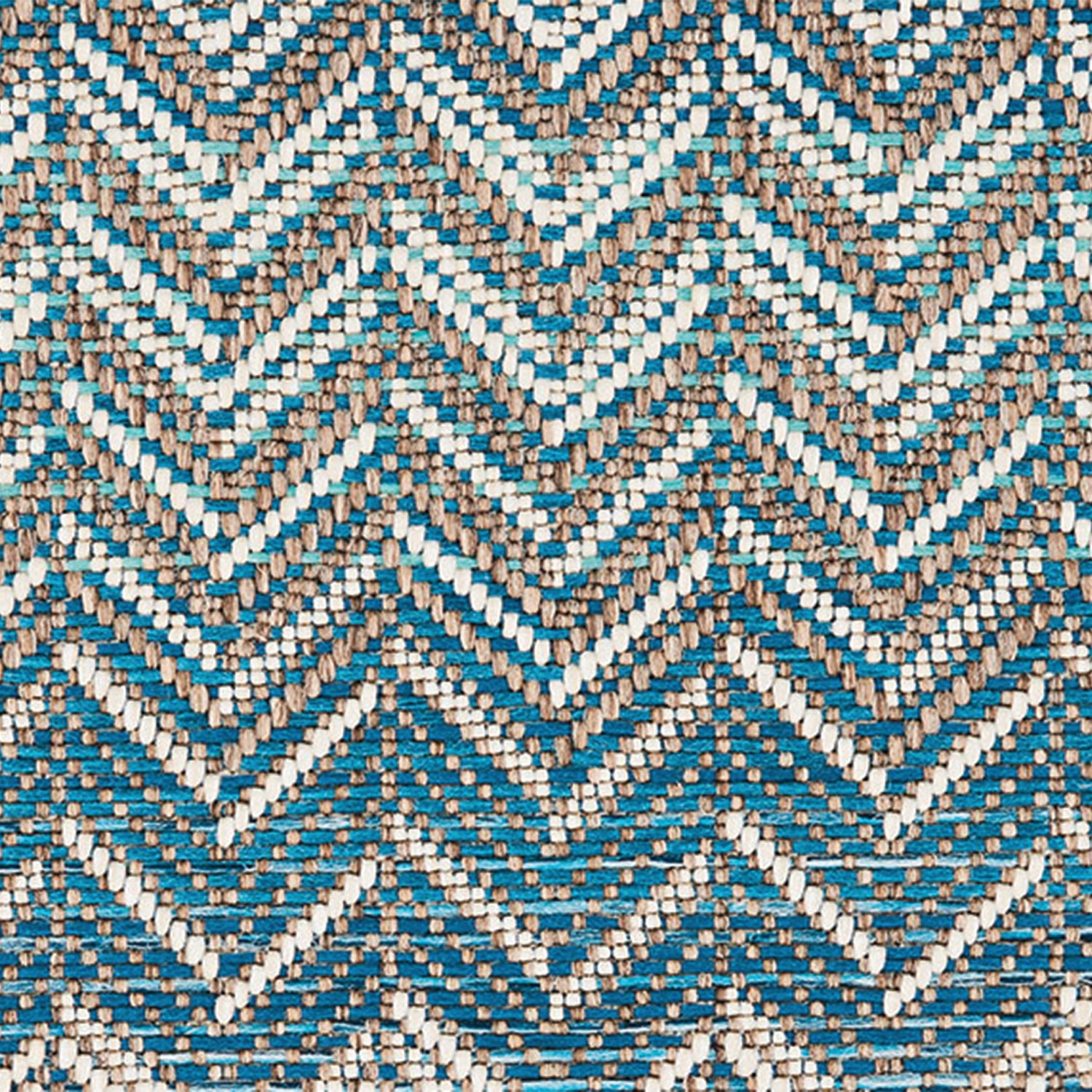 Outdoor broadloom carpet swatch in a striped herringbone weave in turquoise, tan and white.