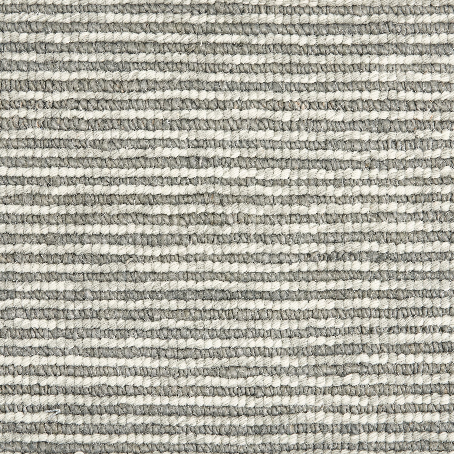 Wool broadloom carpet swatch in a striped steel and cream weave pattern.