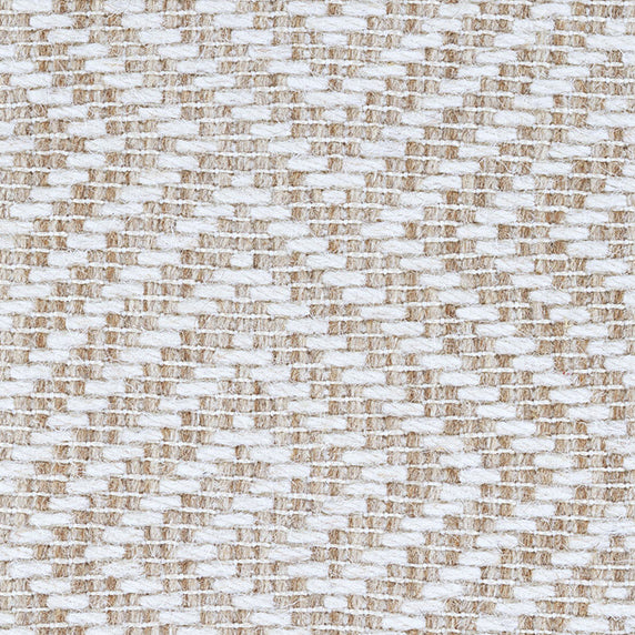 Wool broadloom carpet swatch in a dimensional geometric weave in tan and white.