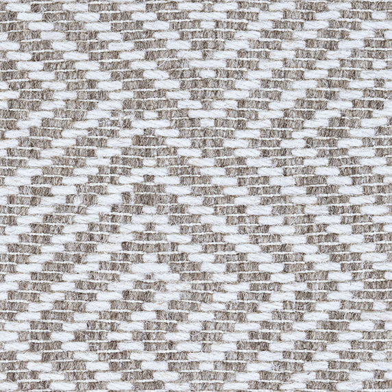 Wool broadloom carpet swatch in a dimensional geometric weave in light brown and white.