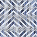 Wool broadloom carpet swatch in a dimensional geometric weave in blue, navy and white.