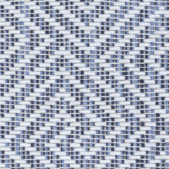 Wool broadloom carpet swatch in a dimensional geometric weave in blue, navy and white.