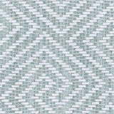 Wool broadloom carpet swatch in a dimensional geometric weave in light teal and white.