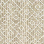 Wool broadloom carpet swatch in an interlocking geometric print in white and tan.