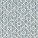 Wool broadloom carpet swatch in an interlocking geometric print in cream and light blue.
