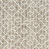 Wool broadloom carpet swatch in an interlocking geometric print in cream and tan.