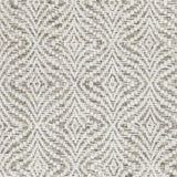 Wool broadloom carpet swatch in a dense diamond stripe pattern in white on a mottled taupe field.