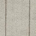 Wool broadloom carpet swatch in a striped herringbone weave in white, silver and brown.