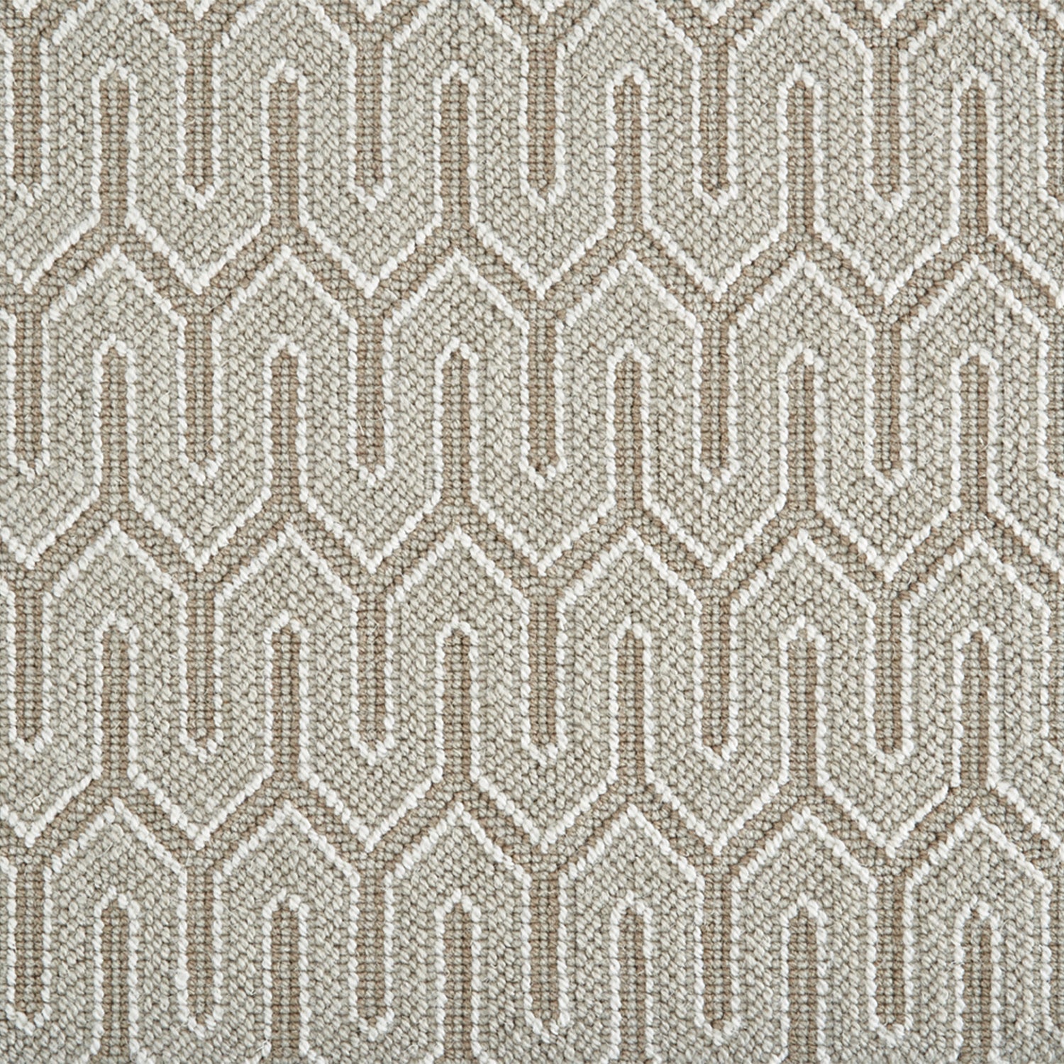 Wool-blend broadloom carpet swatch in a chunky geometric linear weave in white, cream and tan.