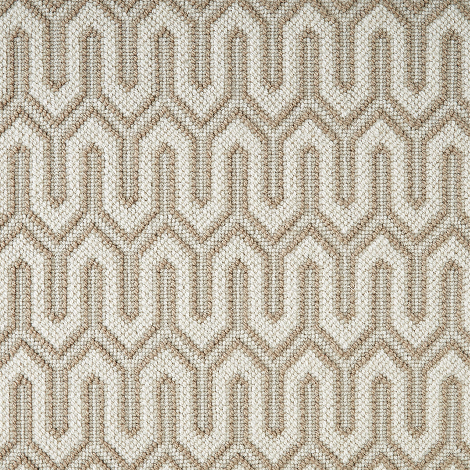 Wool-blend broadloom carpet swatch in a chunky geometric linear weave in gold, tan and cream.