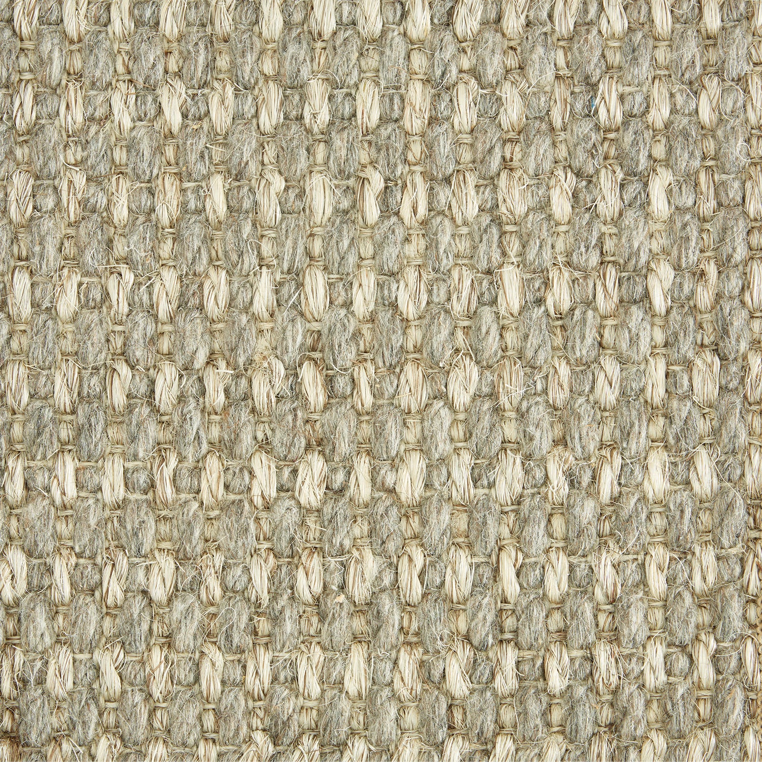 Wool-sisal broadloom carpet swatch in a chunky grid weave in cream and gray.