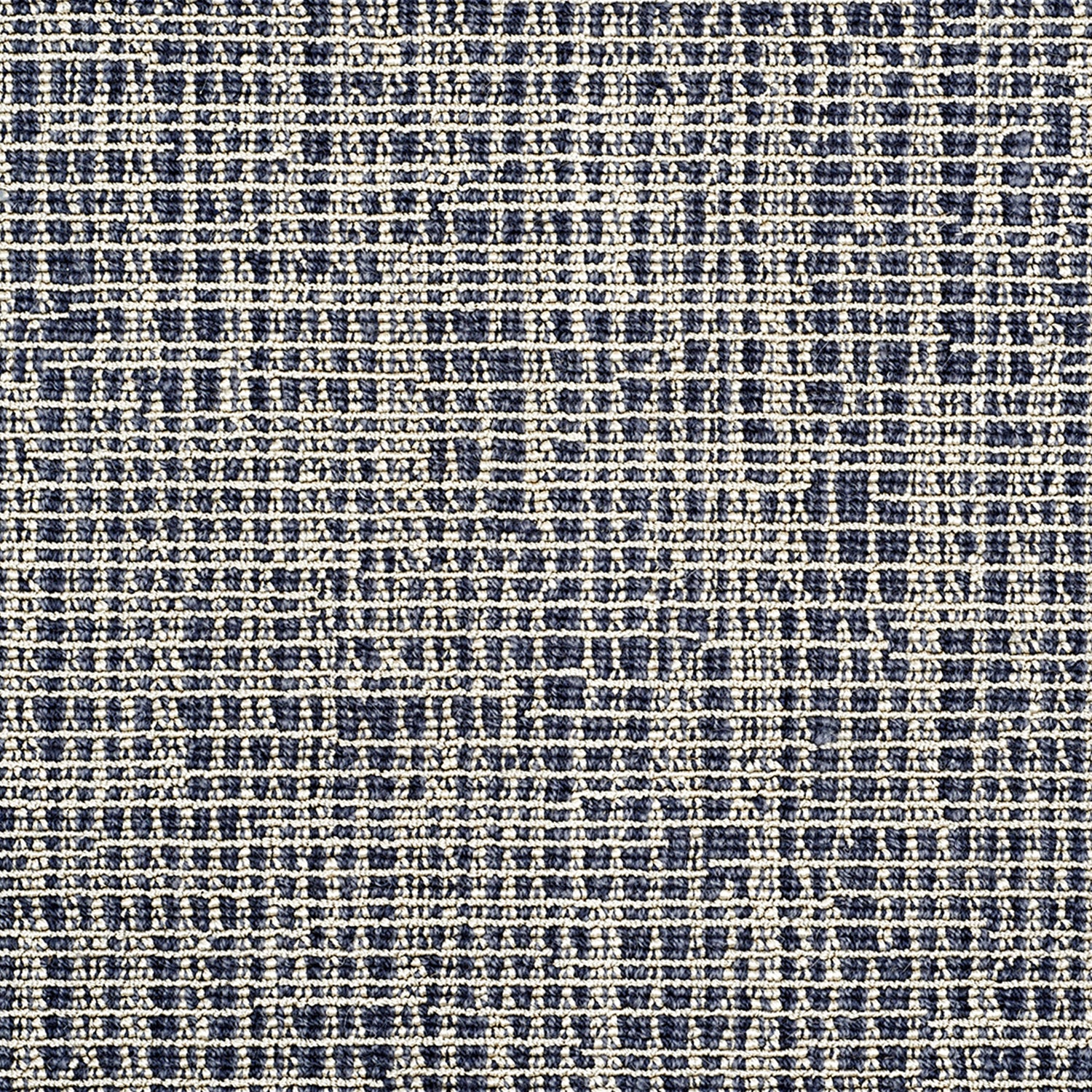 Wool-blend broadloom carpet swatch in a grid weave in mottled cream and navy.