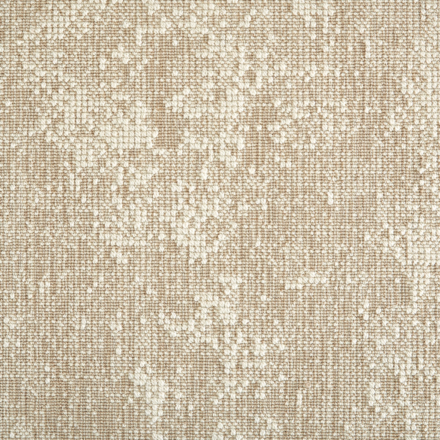 Wool-blend broadloom carpet swatch in a dimensional abstract weave in cream and tan.