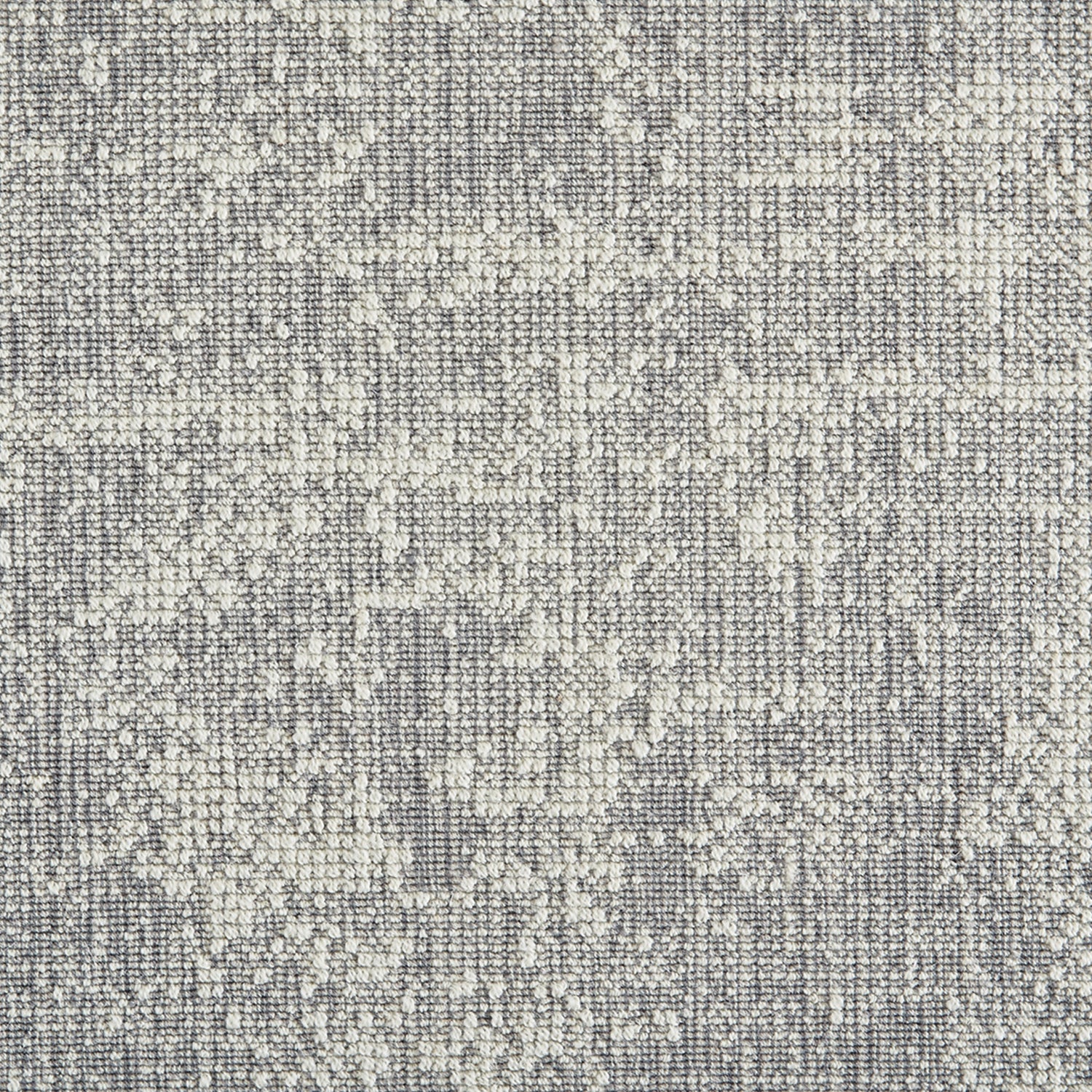 Wool-blend broadloom carpet swatch in a dimensional abstract weave in gray and cream.